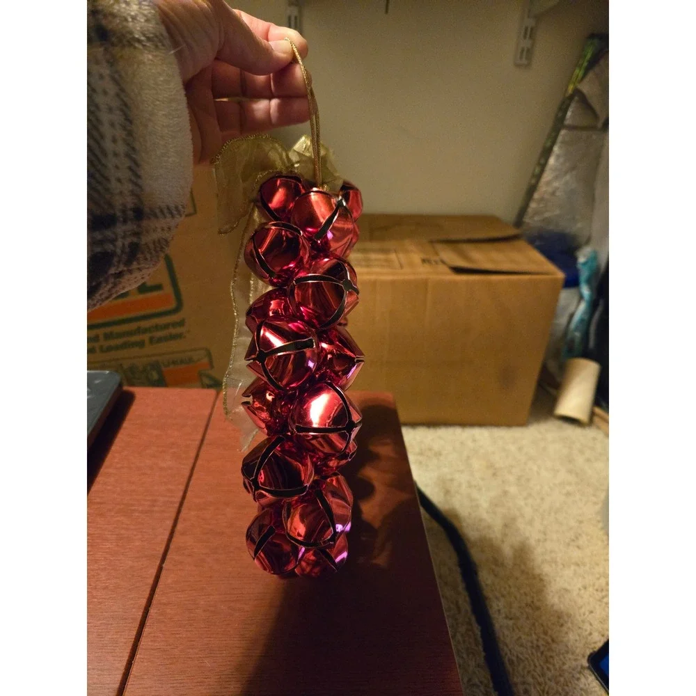 Red Jingle Bell Wreath Gold Bow Christmas Holiday Door Decor Ornament Metallic